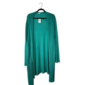 J Jill Cardigan Sweater Size 4X Teal Green Open Front Linen Blend Pocket Duster